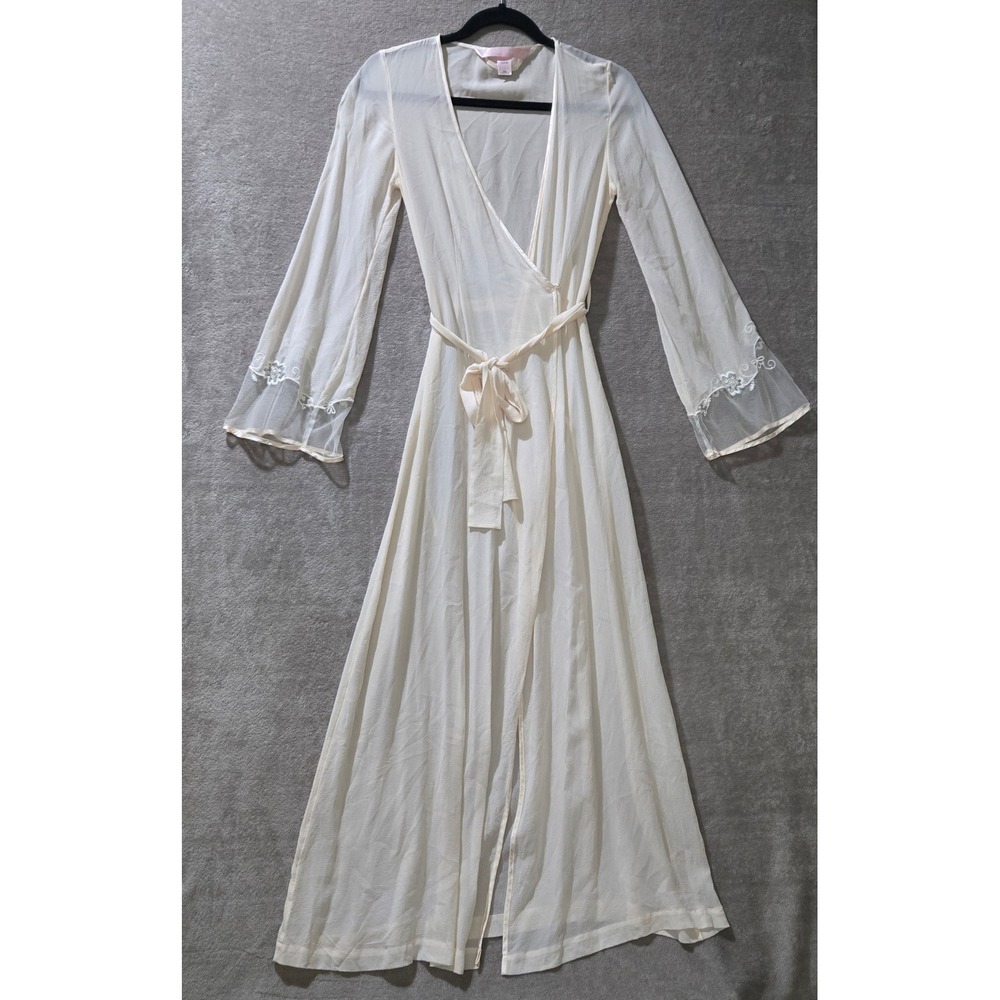 Vtg Victoria's Secret Silk Robe 90s Embroidered Bridal Honeymoon Sheer Romantic